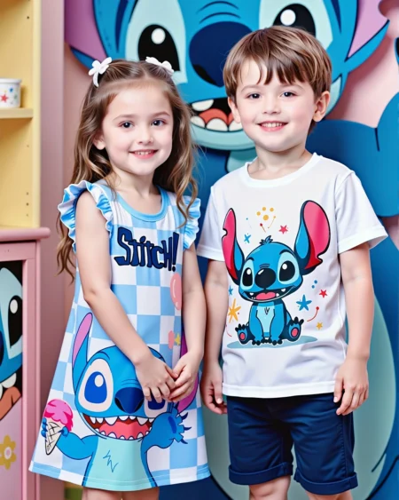 طقم عائلي مبهج بتصميم ديزني ستيتش – أناقة الصيف تجمعكم! أضفوا لمسة من البهجة والدفء العائلي مع طقم الوالدين والأطفال بتصميم شخصية ديزني ستيتش، متوفر حصريًا في ZELENA STORE