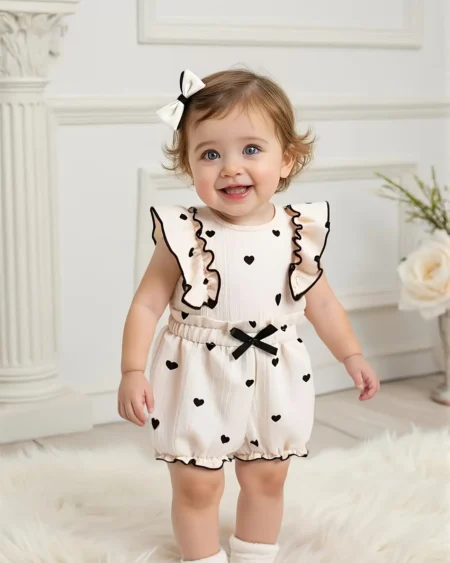 طقم ربيعي صيفي بناتي للرضيعة بنقشة قلوب مبهجة تصميم ناعم وأنيق