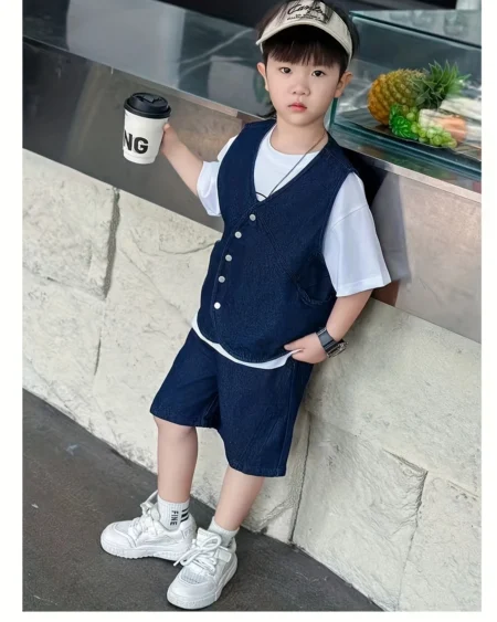 ألوان سادة وقصة أنيقة – طقم دنيم كوري صيفي للأطفال حتى سن 12 سنة من زيلينا