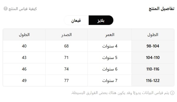 Childrens Eid Clothing Size Chart