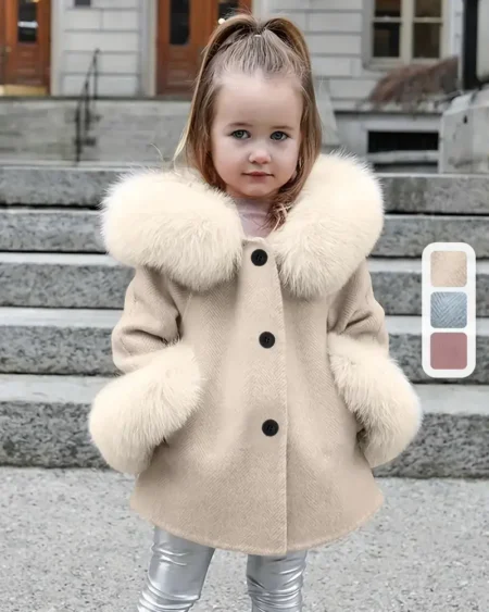 جاكيت فرو فاخر للفتيات جاكيت شتوي ناعم بغطاء رأس فرو – الدفء والأناقة للصغيرات في أيام البرد!