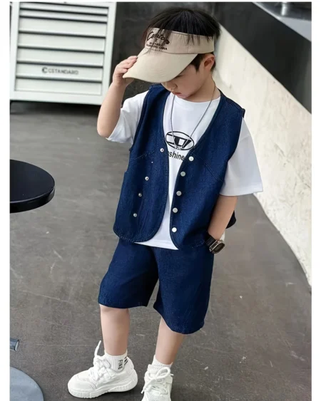 تصميم كوري أنيق لطفلك – طقم دنيم أولادي صيفي بأزرار وياقة دائرية راقية من زيلينا