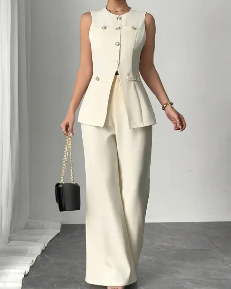 طقم نسائي كاجوال صيفي أنيق بلون بيج بدون أكمام وبنطال واسع مثالي للربيع والصيف