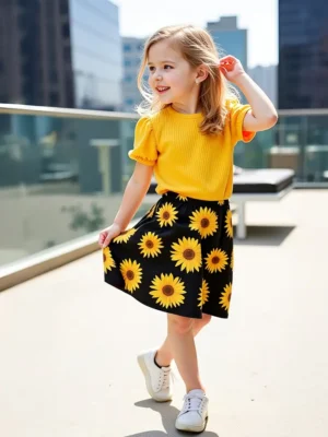 طقم قميص وتنورة بطبعة زهرية🌻 .. طقم بناتي صيفي بطبعة زهرة الشمس – قميص بأكمام منتفخة وتنورة ناعمة لأناقة مرحة كل يوم