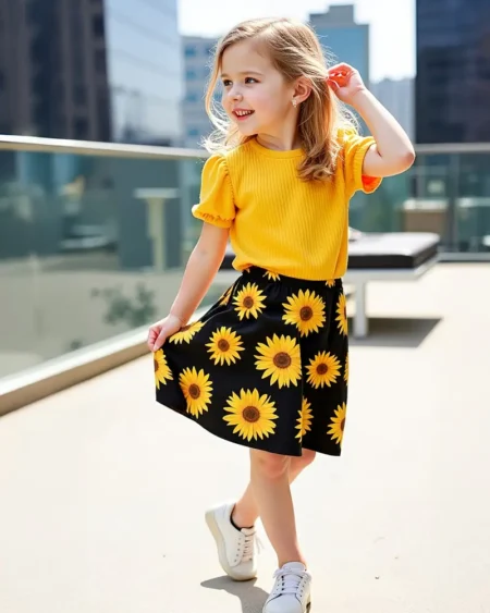 طقم قميص وتنورة بطبعة زهرية🌻 .. طقم بناتي صيفي بطبعة زهرة الشمس – قميص بأكمام منتفخة وتنورة ناعمة لأناقة مرحة كل يوم