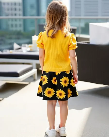 خيارك المثالي لصيف مرح: طقم بناتي زهري من قطعتين – قميص بأكمام منتفخة وتنورة بطول الركبة، مصمّم لأناقة البنات من سن 3 حتى 10 سنوات من زيلينا ستور