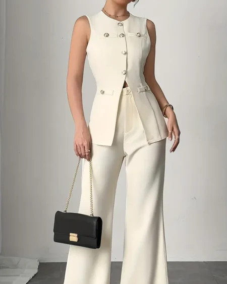 الطقم المثالي لإطلالة كاجوال أنيقة وراقية تصميم بدون أكمام مع لمسة ناعمة تلائم كل الأذواق والمناسبات.