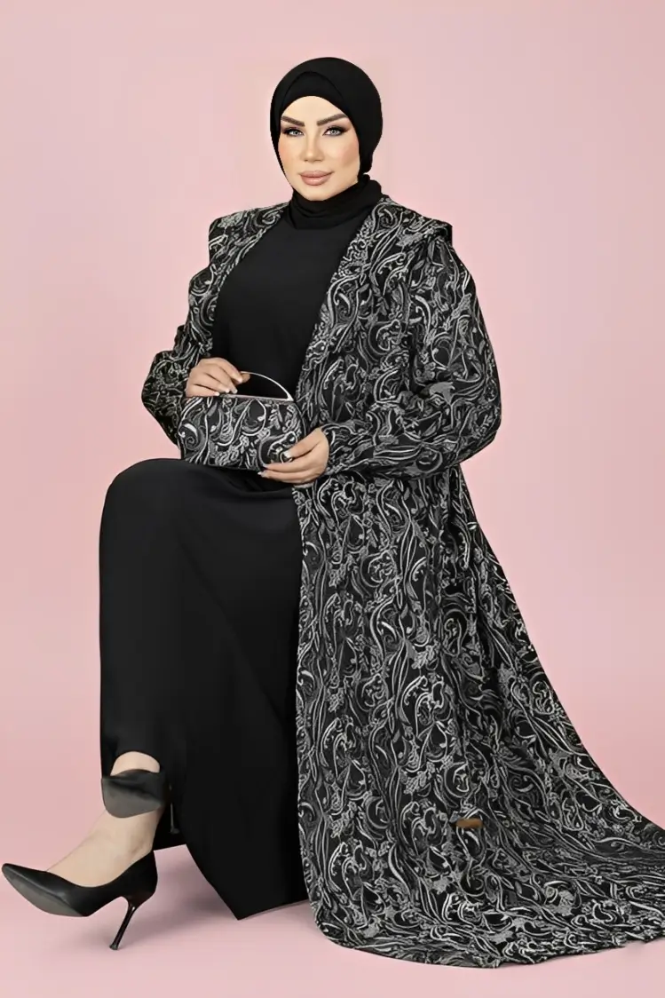 أحدث موديلات عبايات سوداء خروج للمحجبات طقم جاكار كلوش ملكي 2 تفاصيل نسيج قماش الجاكار المستورد الفاخر