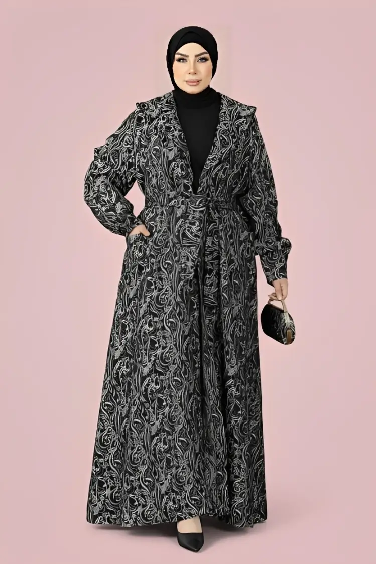 أحدث موديلات عبايات سوداء خروج للمحجبات طقم جاكار كلوش ملكي 1 عبايات سوداء خروج مستورد موديل كلوش باللون الأسود والرمادي