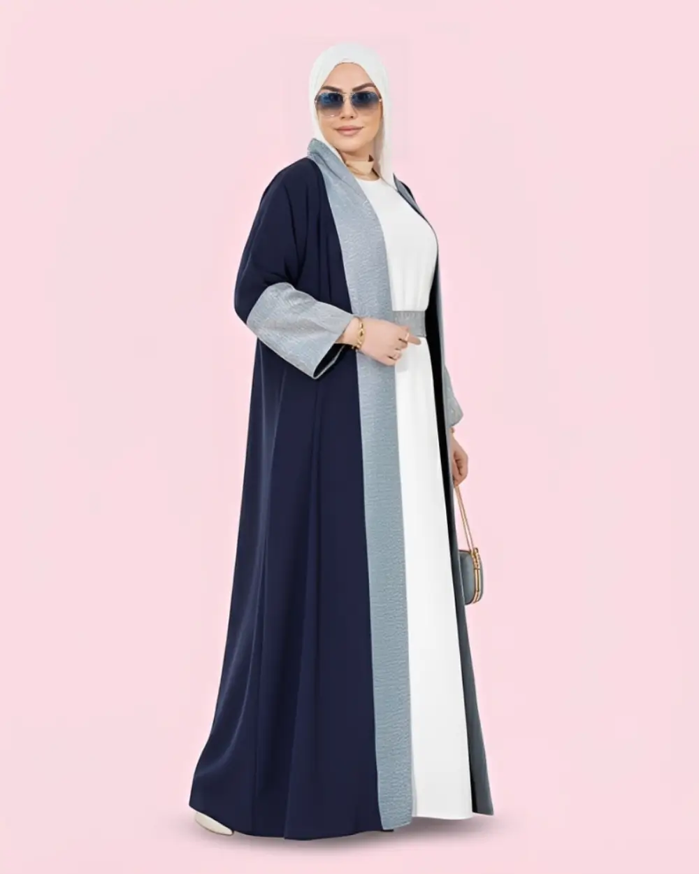 تسوقي أرقى عبايات موضة نسائية كريب بلمسات الشامبين طقم حقيبة 2 طقم عباية كريب مع فستان داخلي ابيض ناعم.