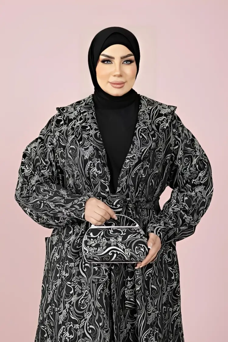 أحدث موديلات عبايات سوداء خروج للمحجبات طقم جاكار كلوش ملكي 4 طقم عباية جاكار مع شنطة يد وحزام