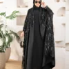 فساتين محجبات موضة عباية سواريه سوداء ساتان الترامودا بتطريز شراشيب خرز واجهة أمامية
