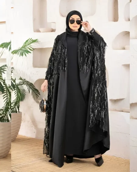 فساتين محجبات موضة عباية سواريه سوداء ساتان الترامودا بتطريز شراشيب خرز واجهة أمامية
