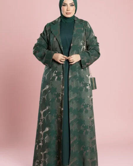 عباية بليزر مع فستان داخلي جاكار فخمة باللونين الأسود والزيتي طقم كامل للمناسبات.