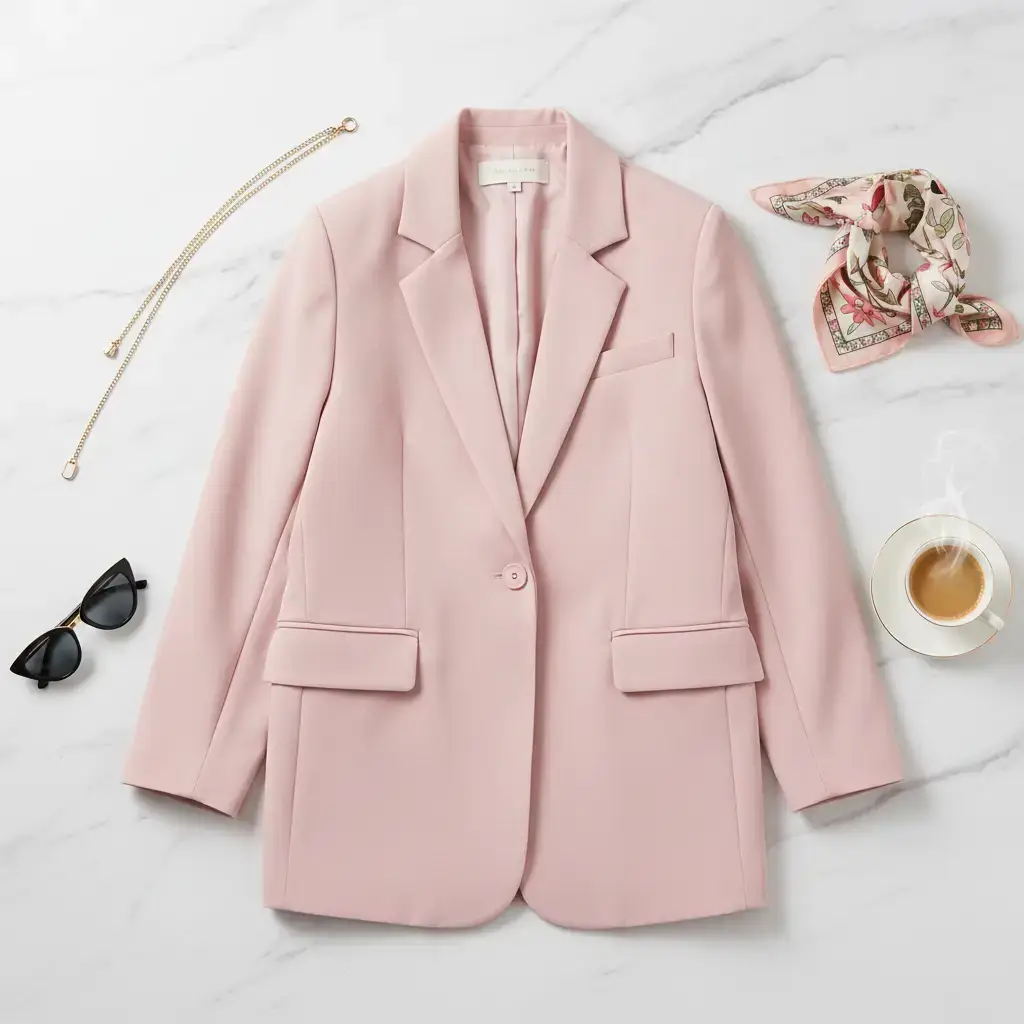 تنسيق السترات الملونة بطريقة اوفر سايز دليلكِ للأناقة 🧥 2 تنسيق سترة أوفر سايز زرقاء مع إكسسوارات ذهبية وحقيبة يد صغيرة بأسلوب فلات لاي