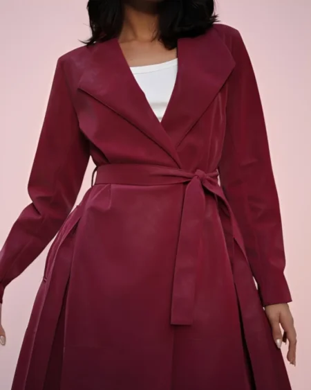 معطف شتوي نسائي باللون العنابي من الجلد عالي الجودة