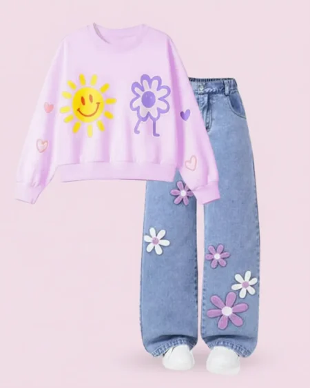 بنطال جينز واسع مطرز بالفراولة للبنات سن 12 سنة.