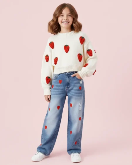 بنطلون جينز واسع مطرز للبنات