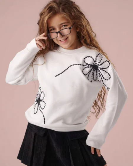 طقم خروج شتوي بناتي سويت شيرت ميلتون مبطن وجيب قطيفة.